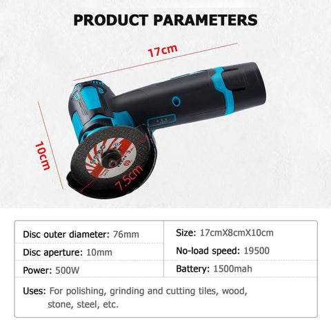 Beast Cordless Angle Grinder 19500 RPM With 12V Battery Pack And 2 Cutting Discs dimensions and specifications chart