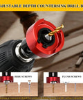 Carbide Tipped 82 Degree Countersink Drill Bit Set With Pro Grade Low Friction Depth Stop and Adjustable Ball Bearing Stop shown on drill