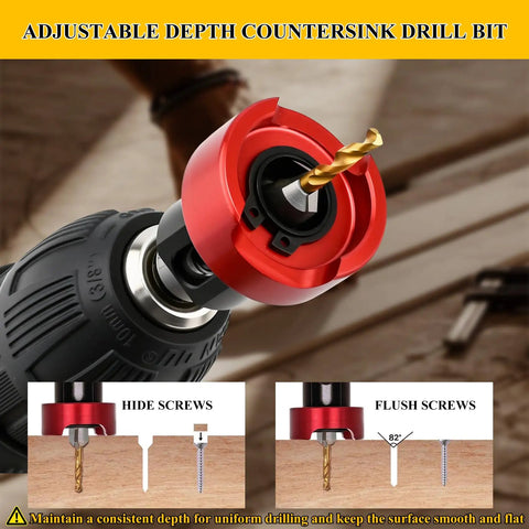 Carbide Tipped 82 Degree Countersink Drill Bit Set With Pro Grade Low Friction Depth Stop and Adjustable Ball Bearing Stop shown on drill