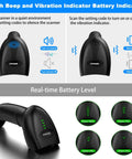 Bluetooth Wireless 2D Barcode Scanner With Auto Sensing Stand hands free scanning, battery level and vibration indicators shown.