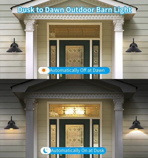 Dusk To Dawn Outdoor Barn Light Gooseneck Fixture Waterproof And Rust Resistant for Front Porch with E26 Base shown on house