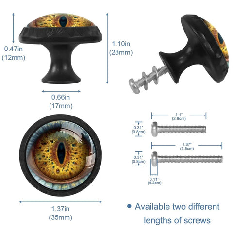 Heavy Duty 4 Pack Black Funny Scary Eye Kitchen Cabinet Knobs And Drawer Pulls Featuring Corrosion Resistant Abs Material And Sturdy Hardware For A Badass Room Transformation, showing dimensions and screws.
