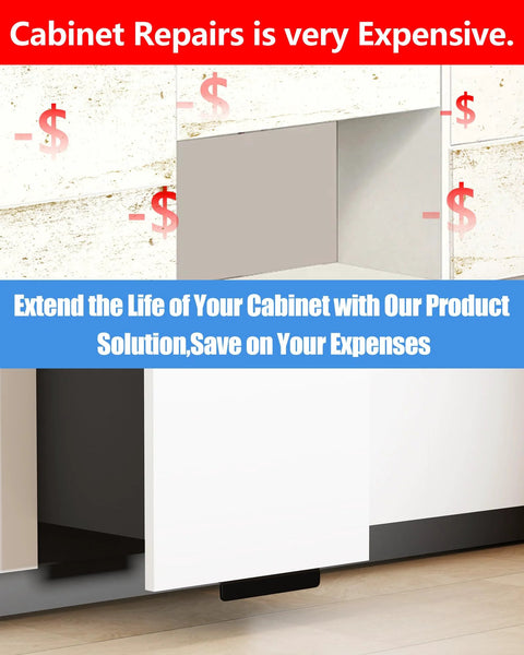 Open cabinet with black foot pull and cost-saving message highlighting advantages of Foot Pull For Trash Cabinet Drawer With Touchless Hands Free Operation For Full Overlay Doors Black Finish Includes Adhesive Strips And Mounting Screws Ideal For Hands Free Waste Disposal In Full Overlay Kitchen Cabinets.