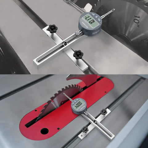 Badass Table Saw Alignment Gauge With Digital Dial Indicator Fits 3 4 Inch Miter Slot on table saw for precise blade alignment.