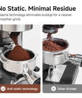 Premium Electric Coffee Grinder With Stainless Steel Conical Burrs And Forty Eight Adjustable Settings For Espresso To French Press Smooth Daily Grinding That Makes Your Morning Routine Hit Different For Home Baristas showing anti-static technology reducing coffee residue.
