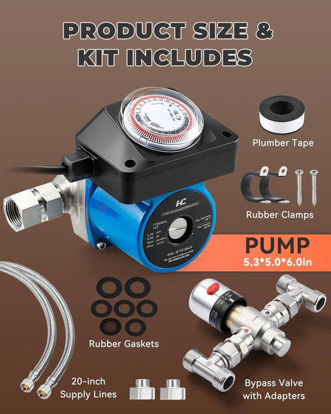 No Sweat Instant Hot Water Recirculation Pump With Slick Temp Control For Tank Heaters and Quick Connect Pex Lines, components shown.