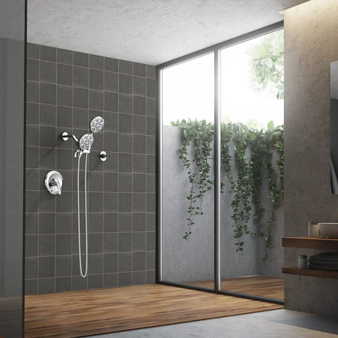 63 Setting Dual Shower Head And Handheld Sprayer 2 In 1 High Pressure Rain Shower Kit with chrome finish in modern bathroom