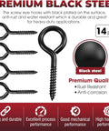Heavy Duty Black Screw Eyes Set With 3.2 Inch Eye Bolts for Hanging, rust-resistant anti-corrosion premium steel, 14 pcs