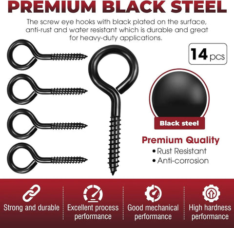 Heavy Duty Black Screw Eyes Set With 3.2 Inch Eye Bolts for Hanging, rust-resistant anti-corrosion premium steel, 14 pcs