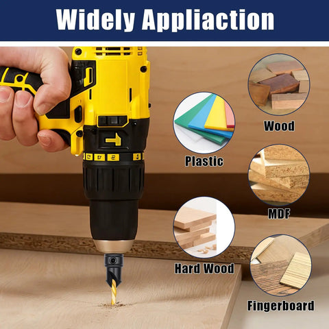 Person using drill with Countersink Drill Bit Set For Wood With Dual Flute 82 Degree Countersink on wood surface
