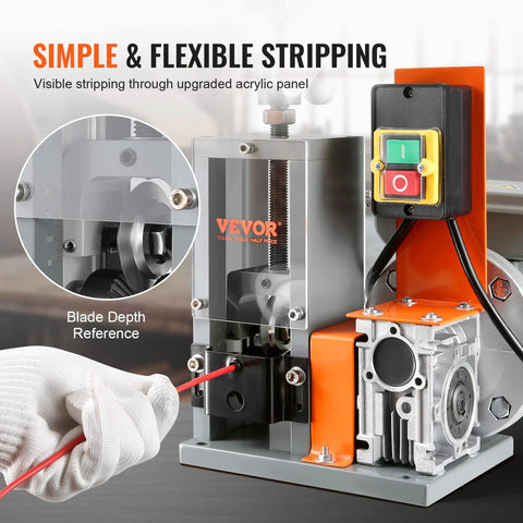Heavy Duty Electric Wire Stripper Machine Automatic Cable Prep Tool With 180W Motor For Fast And Clean Stripping Of 0.06 To 1.18 Inch Wires, showing blade depth reference and acrylic panel