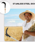 Man holding Long Handled Weeding Sickle With Wooden Handle Multipurpose Manual Garden Tool For Lawn Care Weeding Harvest And Soil Prep Anti Slip Grip For Comfortable Easy Weeding in a field