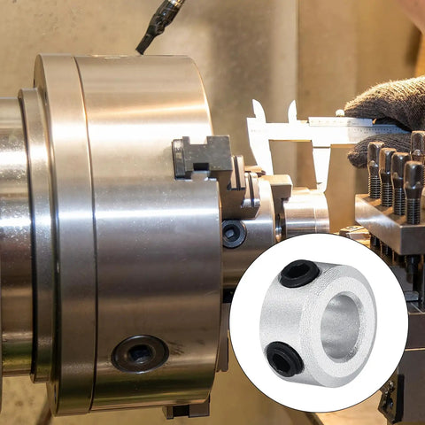 Tough As Nails 2 Pack Drop Dead Solid Shaft Collar 6MM Bore 1/4 Inch Aluminum Set Screw Clamping Collar displayed on machining equipment.