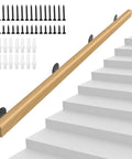10 Foot Solid Wooden Stair Handrail Built Like A Tank For Indoor Outdoor Wall Mount Safety Grab Rail featuring installation screws and brackets.