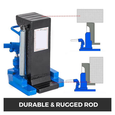 Heavy Duty 10 Ton Hydraulic Car Jack With Adjustable Toe Lift Pads For Rapid Auto Repairs And Street Side Recovery Dual Steel Rams built tough design with rugged black metal and blue accents.