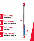 Spektra Coated Solid Carbide CNC Panel Cutting Router Bit Down Cut For Carbon Fiber Graphite And Composite Panels One Eighth Inch Diameter One Half Inch Cutting Height One Eighth Inch Shank Two Inch Overall Length Made In USA, displayed with dimensions