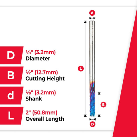 Spektra Coated Solid Carbide CNC Panel Cutting Router Bit Down Cut For Carbon Fiber Graphite And Composite Panels One Eighth Inch Diameter One Half Inch Cutting Height One Eighth Inch Shank Two Inch Overall Length Made In USA, displayed with dimensions