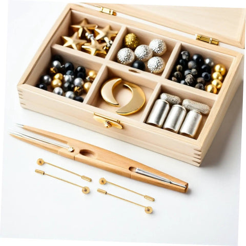 Awesome 50 Sets Copper Flat Round Blank Base Brooch Pins With Secure Safety Backs Perfect For DIY Jewelry Making Scarf Badges And Easy Electroplating Crafts That Will Supercharge Your Creative Projects Without The Scratches in a wooden storage box with assorted beads and tools.