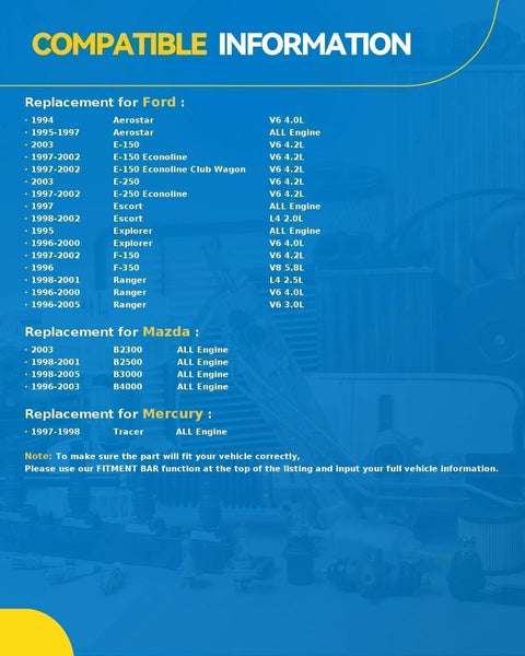 Compatibility chart for Ford, Mazda, Mercury vehicle engine replacements, listing years and engine types.
