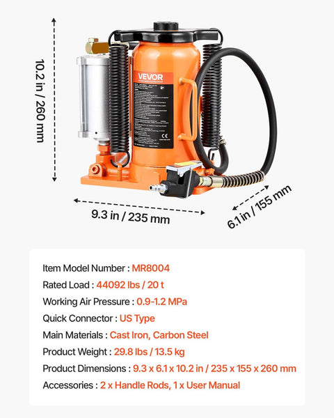 Front view of VEVOR 20 Ton air hydraulic bottle jack with manual handle and air pump, orange steel body