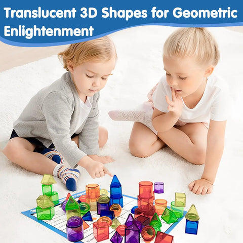 Children playing with 60-Piece Kid-Friendly 3D Shapes For Kids Translucent Geometric Set For Light Table Play And STEM Learning.