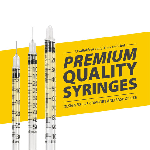 Three clear insulin syringes, 31G U-100, 1cc, 5/16 inch needle, bold markings, disposable, Amazon