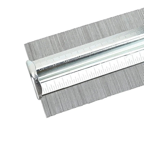No Sweat Professional Metal Contour Gauge Quickly Traces Irregular Shapes For Woodworking Tile And Linoleum Floors With Tough Pins. Silver adjustable gauge with steel pins and ruler.