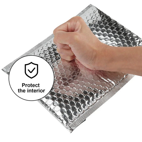 Metallic Bubble Mailers 75 Pack 6 By 9 Inch Padded Envelopes with self seal foil bags, showing sealing feature and protection.