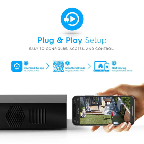8 Channel 4K NVR Security System With Real Time 30fps showing phone app setup for remote viewing and plug-and-play ease.