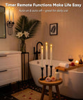 Green Striped Flameless Taper Candles With Remote Timer, 6 Pack, 9.6 Inch Real Wax Battery Operated Candlesticks in bathroom decor