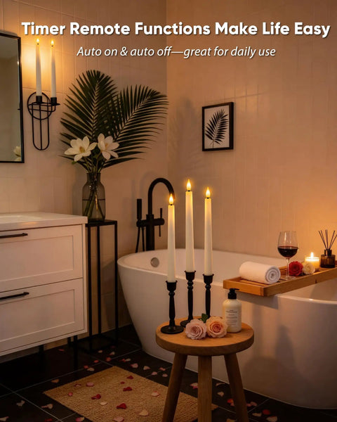 Green Striped Flameless Taper Candles With Remote Timer, 6 Pack, 9.6 Inch Real Wax Battery Operated Candlesticks in bathroom decor