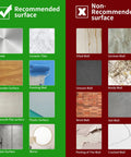 Recommended and non-recommended surfaces for Peel And Stick Backsplash Tiles 12x12 White Marble Design For Kitchen And Bathroom.
