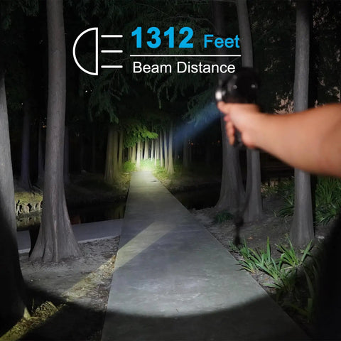 Person using 6000 Lumen Waterproof Marine Spotlight With Rechargeable LED Battery, Detachable Red Filter, shining down a forest path.