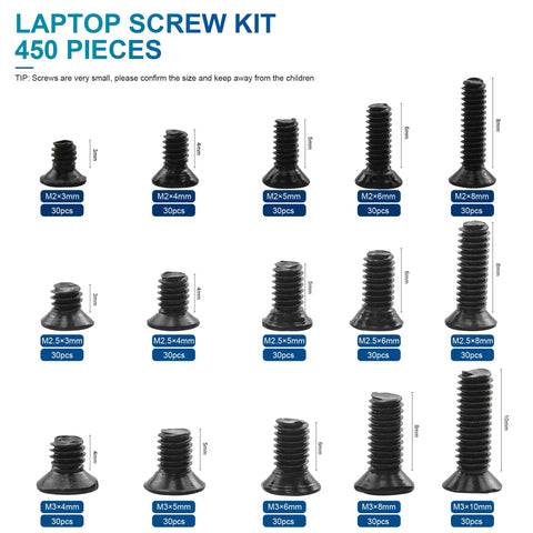Laptop Screw Kit 450 Pcs M2 M2.5 M3 Countersunk Flat Head Phillips Mini Heavy Duty Screws Set, 15 types for laptop repair and maintenance