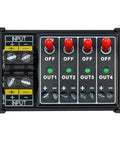 Front view of Four Channel Toggle Switch Power Distribution Module for DIN Rail Mount with LED On Off Indicators, 3-32V.