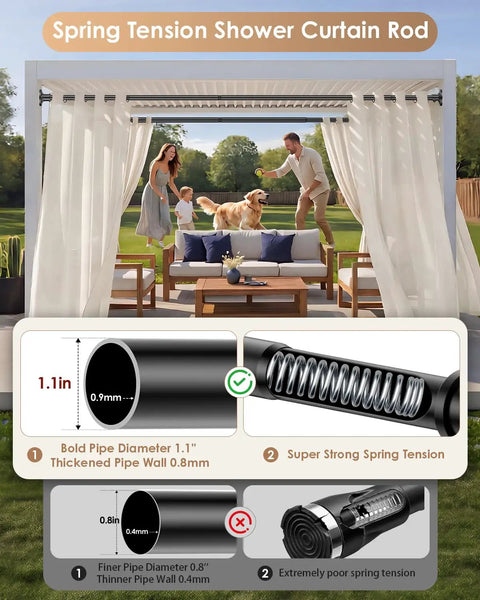 Outdoor view with Matte Black Extra Long Tension Shower Curtain Rod 30 To 122 Inches 1.1 Inch Diameter Stainless Steel Rustproof Heavy Duty