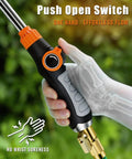 Long Reach 24 Inch Watering Wand With 8 Spray Patterns And 180 Degree Rotating Head For Easy Watering Of High Baskets And Deep Beds Thumb Control Sprayer That Is Arthritis Friendly For Garden Plants And Cleaning Tasks showing ergonomic hand grip with push open switch
