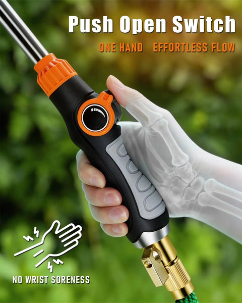 Long Reach 24 Inch Watering Wand With 8 Spray Patterns And 180 Degree Rotating Head For Easy Watering Of High Baskets And Deep Beds Thumb Control Sprayer That Is Arthritis Friendly For Garden Plants And Cleaning Tasks showing ergonomic hand grip with push open switch