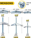 Heavy Duty Toggle Bolts For Drywall Hollow Wall Anchors Kit dimensions with sizes 1/8, 3/16, 1/4 inch, wing nut design.