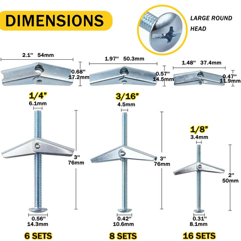 Heavy Duty Toggle Bolts For Drywall Hollow Wall Anchors Kit dimensions with sizes 1/8, 3/16, 1/4 inch, wing nut design.