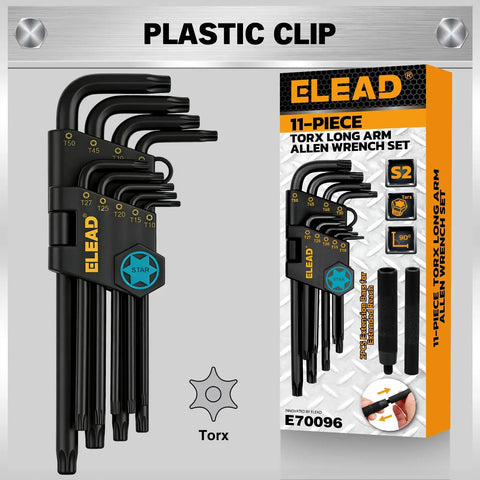 Torx Star Allen Wrench Set 11 Piece With Long Arm Wrenches And Extension Bar T10 Through T50 Heat Treated S2 Steel With Black Oxide Finish For Auto Motorcycle Home DIY Projects Pro Grade Heavy Duty Maintenance, packaged set
