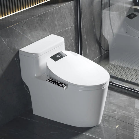 Top Tier Electric Heated Bidet Toilet Seat For Elongated Toilets with soft close lid and control panel.