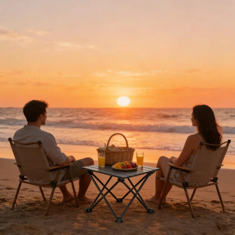 Sunset beach scene with a Roll Up Camping Table For Four Ultra Lightweight Portable Outdoor Table with carry bag between two chairs.