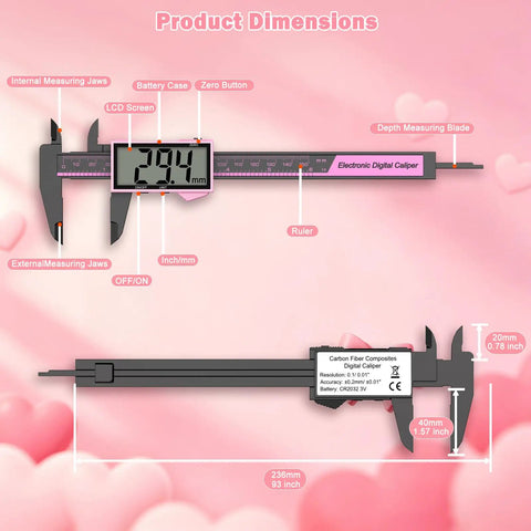6 Inch Digital Caliper With Large LCD Screen, 0.01 Inch Precision, Inch Millimeter Switch, Auto Off, Pro Level DIY Measuring Tool For Accurate, Everyday Projects And Quick, Reliable Measurements, pink carbon fiber composite with 20mm jaws