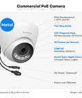 6K 12MP PoE IP Security Camera With Two Way Talk And Smart AI Human Vehicle Detection For Crisp Surveillance Video Color Night Vision With Built In Spotlight And 123-Degree Lens To Lock Down Your Property Day Or Night, showing features and dimensions.