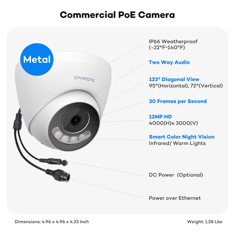 6K 12MP PoE IP Security Camera With Two Way Talk And Smart AI Human Vehicle Detection For Crisp Surveillance Video Color Night Vision With Built In Spotlight And 123-Degree Lens To Lock Down Your Property Day Or Night, showing features and dimensions.