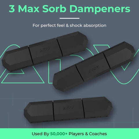 Max Sorb 3 Pack Tennis Dampeners That Silence Your Racket And Cut Vibration Durable Poly Silicone Shock Absorbers in black.