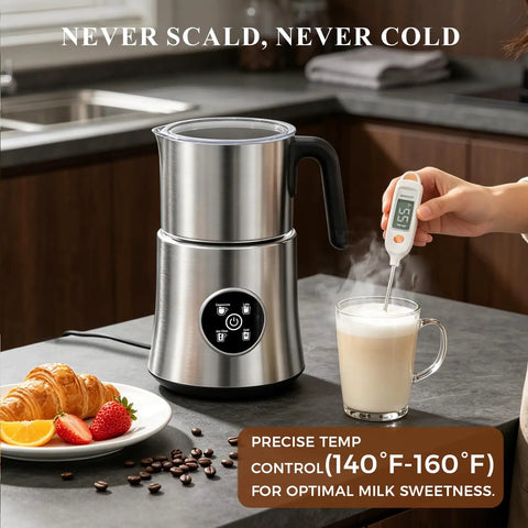 Electric Milk Frother And Steamer With Detachable Stainless Steel Jug For Hot And Cold Foam 4 In 1 Automatic Milk Warmer Cafe Style Barista Quality Latte And Cappuccino Foam At Home 17 Oz Capacity on kitchen counter next to a cup of frothed milk and pastries.