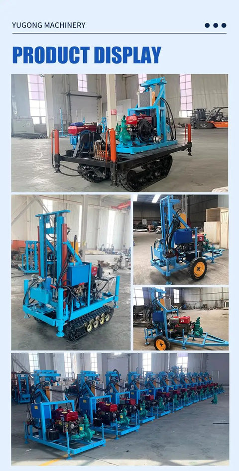 No Fuss Mini Hydraulic Water Well Drilling Rig 200 Meter Deep Borehole Drill displayed in a warehouse with multiple angles.