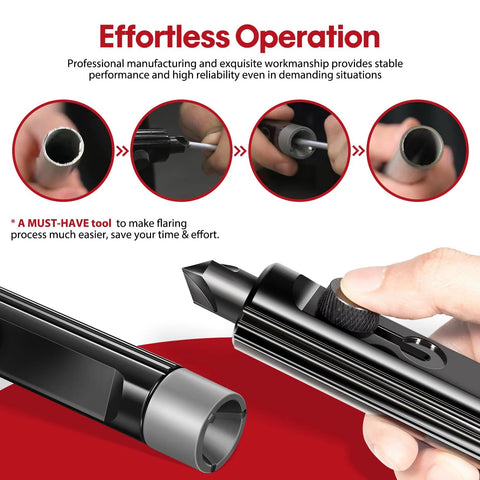 Tubing deburring tool for 3/16–1/2 in brake/fuel lines; black metal handle with knurled knob (front view)